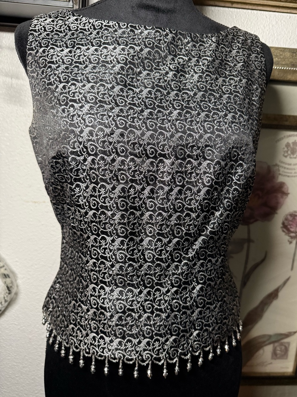 Cachet Vintage Y2K Metallic Silver Brocade Beaded Fringe Corset Top โขSize 8โข